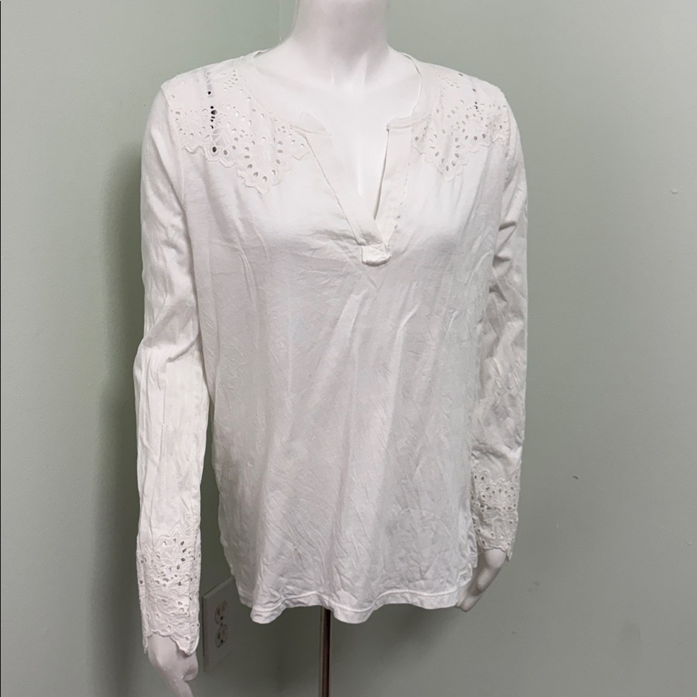Sundance Blouse White Eyelet Long Sleeve V Neck Cotton Top Women's Small